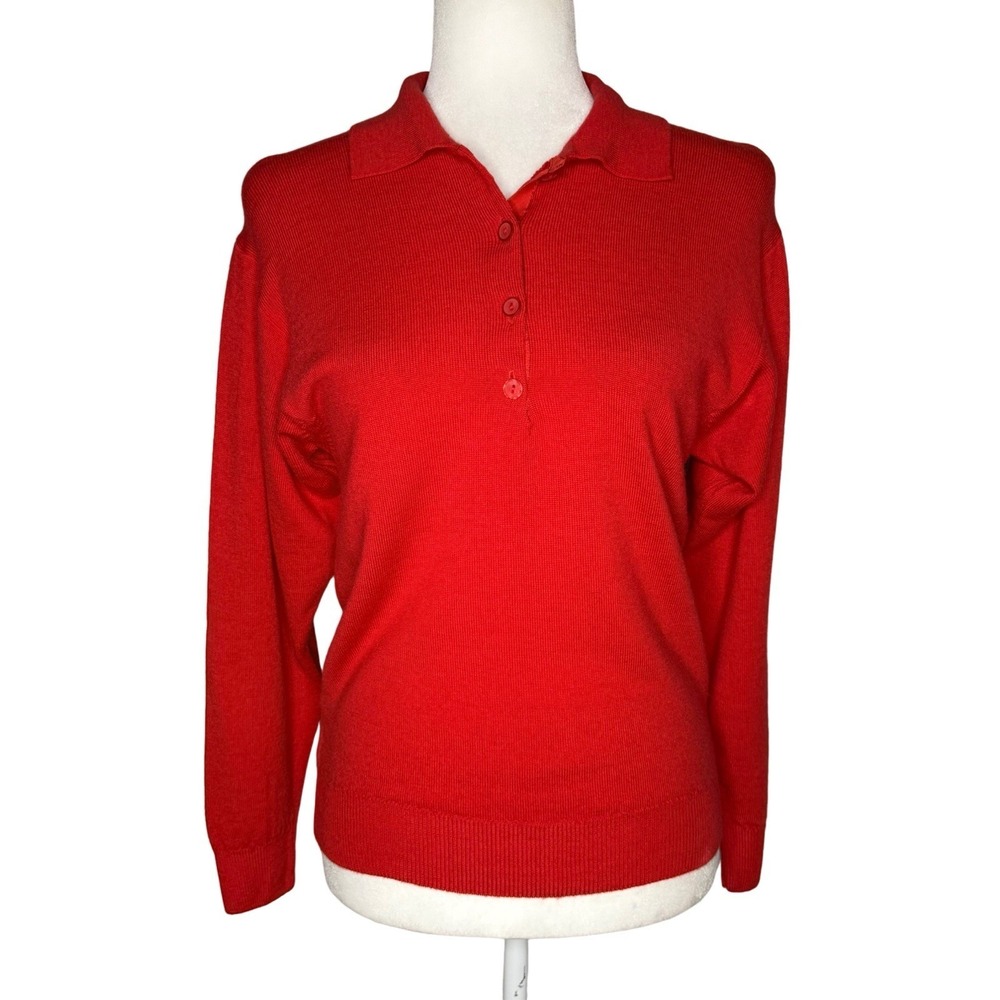 Vintage Red Wool Lambswool Pullover Collared Henley‎ Sweater XS Made In England
